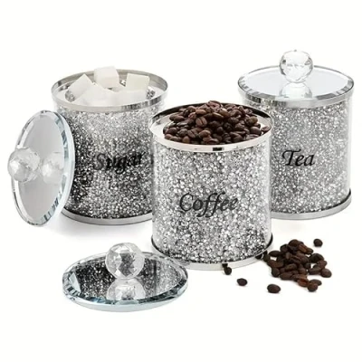 Image of JAYOGLA Crushed Diamond Tea, Coffee and Sugar Jars, Crystal Silver Trimmings, Glass Storage Canisters