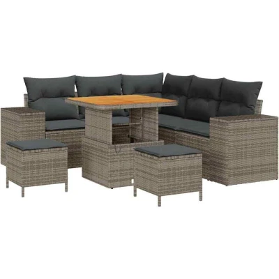 Image of vidaXL 8 Piece Garden Sofa Set with Cushions Grey Poly Rattan Acacia