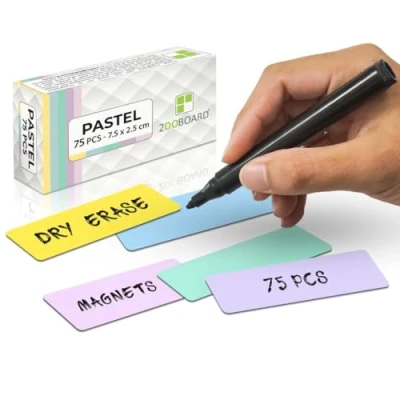 Image of 2DOBOARD Magnetic Strips Writeable 7.5 cm x 2.5 Pastel Pack of 75 Signs For Writing on Fridge, Whiteboard &amp; Blackboard Labels