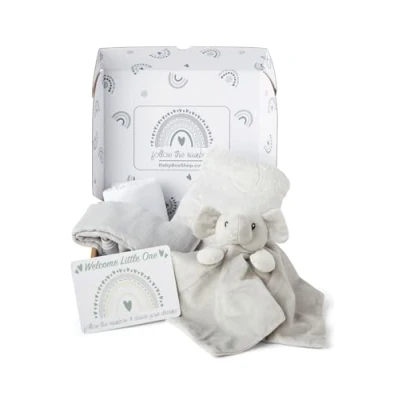 Image of Baby Box Shop 5 Newborn Essentials Ideal as Shower Gifts and Christening Unisex, Includes a Grey Elephant Comforter, Fleece Blanket, 2X Muslin Cloths &amp; Gift Message Card