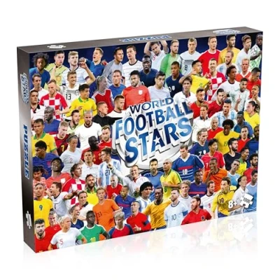 Image of Winning Moves World football Stars 1000 Piece Jigsaw Puzzle Game, together players including Harry Kane, Pele, Maradona, Lucy Bronze and Carli Lloyd, For aged 4 plus