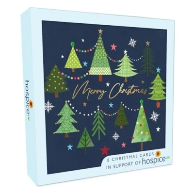 Image of Box of 8 Merry Xmas Trees Hospice UK Charity Christmas Cards XSA005