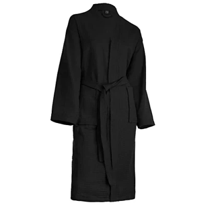 Image of Brandsseller Bathrobe for Men and Women Cotton Unisex Lightweight Dressing Gown Waffle Pique, black, S