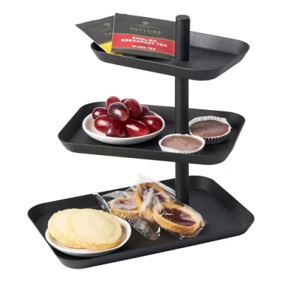 Image of Yamazaki 4281 TOWER cake stand with 3 levels, black, steel, minimalistic design