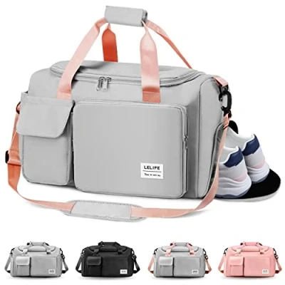 Image of Gym Bag, Sports Bag with Wet Pocket, Portable Overnight Bags for Women, Waterproof Lightweight Weekend Weekender, Vacation(Grey Pink)