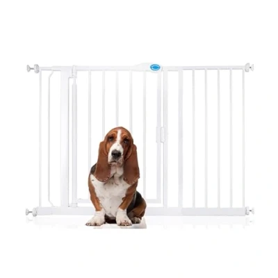 Image of Bettacare Auto Close Pet Gate, 118.2cm 125.2cm, White, Pressure Fit Stair Gate for Dog &amp; Puppy, Safety Barrier Doors Hallways and Spaces, Easy Installation