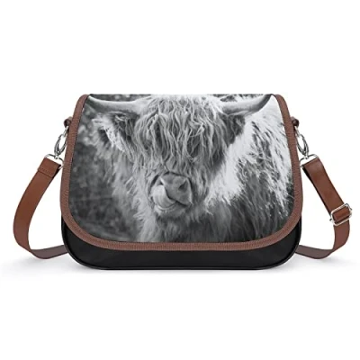 Image of Black White Highland Cow Crossbody Bags for Women Leather Tote Bag Shoulder Casual Handbag Purse Office Travel