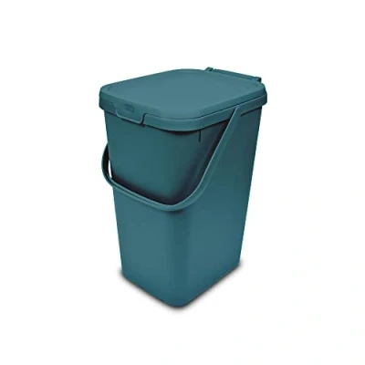 Image of Addis 519354 Kitchen Recycling &amp; General Storage bin 18 litres Stackable Food Waste Organiser Caddy with Clip lock lid carrying Handle, Deep Teal Green