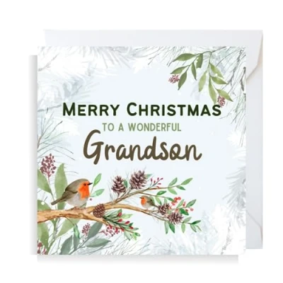 Image of Second Ave Grandson Christmas Robin Square Xmas Holiday Festive Greetings Card