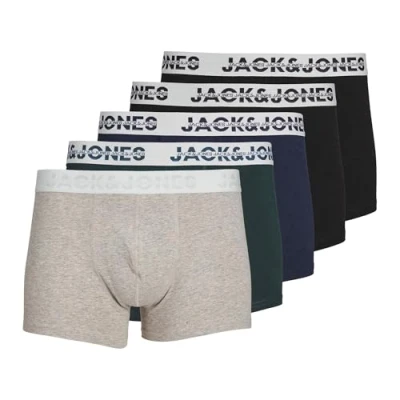 Image of Jack &amp; Jones Men&#039;s JACDALLAS LOGO TRUNKS 5 PACK Boxer Shorts, Light Grey Melange/Pack:Magical Forest Navy Blazer Black Black, M