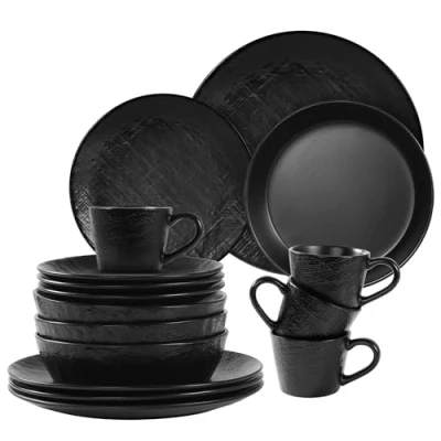 Image of Navaris Linen Artisan Dinnerware Set (16 Pieces) Plate and Bowl for 4 People with Dinner Plates, Side Pasta Bowls, Mugs Charcoal Black