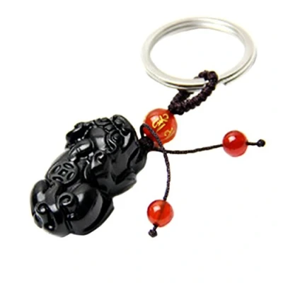 Image of Handmade Feng Shui Obsidian Pi Yao /Pi Xiu Key Chain or Hanging for Wealth Luck with Betterdecor Pounch