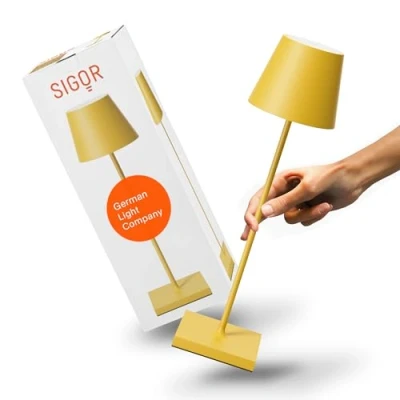 Image of SIGOR Nuindie Dimmable LED Battery Table Lamp Indoor &amp; Outdoor IP54 Splash Proof Height 38 cm Rechargeable with USB C 12 Hours Lighting Time Sun Yellow, 4546001