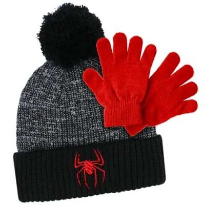Image of TeddyT&#039;s Boys Embroidered Spider Bobble Hat &amp; Red Gloves Set (4 8 Years)