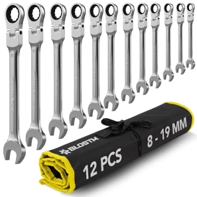 Image of BLOSTM Flexible Ratchet Spanner Set 12 PCS Combination 8 19mm 180 Flex Head 72 Tooth Gear System Cr V Steel Wrench for DIY &amp; Repairs Includes Roll Up Storage Pouch