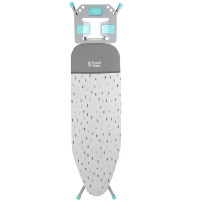 Image of Russell Hobbs LA083234AQUA2FEU7 Collapsible Ironing Board Foldable Table, Thick Felt Underlay with Stylish Cotton Cover, 7 Height Positions, Large Iron Rest Hanger Holes, Non Slip Feet