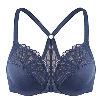 Image of MELENECA Women&#039;s Front Fastening Racerback Plus Size Stretch Lace Underwire Unlined Bras Blue 36C