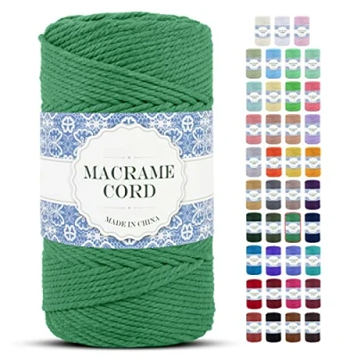 Image of Uiopa Macrame Cord 4mm x 200m Thick Rope Yarn Natural Cotton String, 4 Strand Twisted Soft for Plant Hanger, Wall Hanging, DIY Crafts, Knitting, Home Decorations (Green)