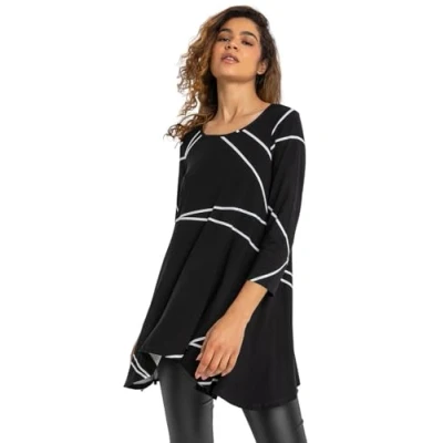 Image of Roman Originals Hanky Hem Tunic Top for Women UK Ladies Longline Blouse Asymmetric Hemline Casual Slouch Loose 3/4 Sleeves Round Neck Relaxed Comfortable Holiday Black &amp; White Size 18