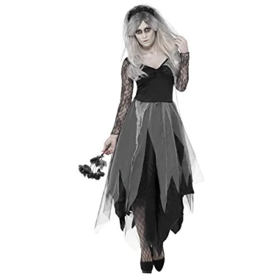 Image of Smiffys Graveyard Bride Costume, Black with Dress &amp; Rose Veil, Halloween Adult Fancy Dress, Up Costumes