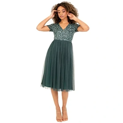 Image of Maya Deluxe Women&#039;s Embellished Midi Evening Dress Ladies V Neckline with Short Sleeve for Prom Wedding Bridesmaid, Emerald Green, 16