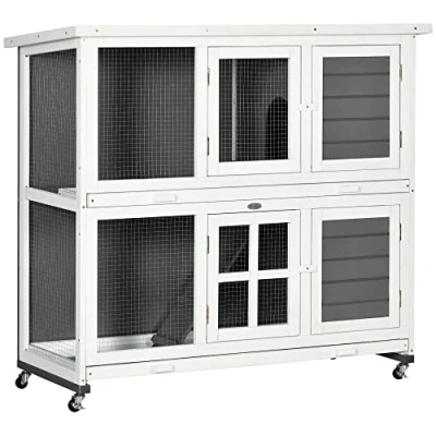 Image of PawHut Wooden Rabbit Hutch with Wheels, Guinea Pig Cage, Small Animal House for Outdoor &amp; Indoor Slide out Trays, 119 x 50.5 109cm, Grey