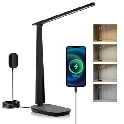 Image of Honeywell LED Desk Lamp Eye Caring Sunturalux H2 Table with USB Charging Port, 4 Colour Modes Stepless Dimmable, Auto Timer,Touch Control Foldable Light for Home Office Bedroom Black