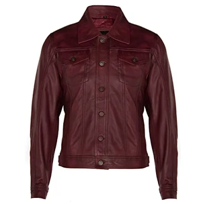 Image of Men’s Smooth Casual Burg Trucker 100% Leather Shirt Jeans Jacket S