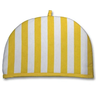 Image of HOMESCAPES Double Design Tea Cosy Thick Stripes Yellow Muff Teapot Warmer 100% Cotton