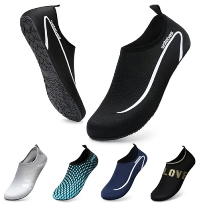 Image of Swim Water Shoes Aqua Socks Barefoot for Sea Beach Swimming Pool Ladies Women Mens Black Line 11/11.5 UK