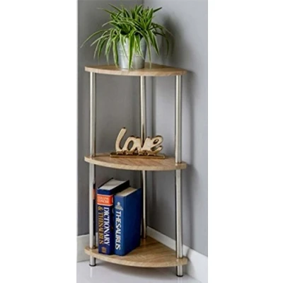 Image of Beautiful SVAR 3 Tier Oak Effect Corner Shelf Unit Stainless Steel Legs New