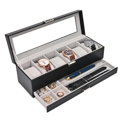Image of ProCase Watch Box for Men, 6 Slot Display Case With Drawer, Mens Glass Lid, 2 Layer Jewelry and Storage Holder Organizer Men Women Slot, Black