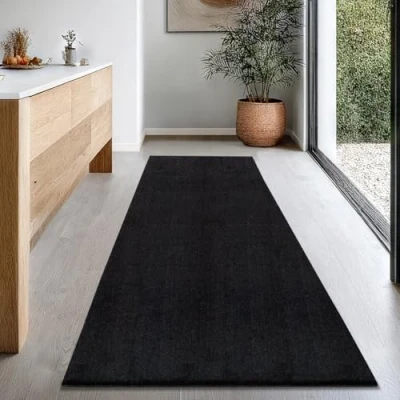Image of the carpet Relax Rug, Modern, Fluffy, Short Pile, Non Slip Underside, Washable up to 30C, Super Soft, Fur Look, Black, 80 x 300 cm