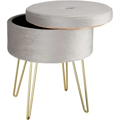 Image of TecTake® Round Stool in Velvet Look with Storage Compartment, Sturdy Vanity Chair Soft Padded Seat, Golden Steel Legs &amp; Quick Assembly, Ideal as Bedroom Dressing Table Light Grey