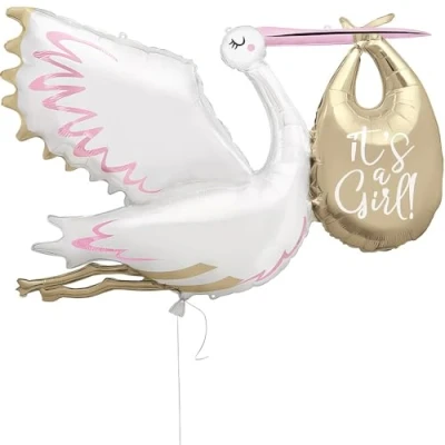 Image of It&#039;s a Girl Giant Stork Foil Balloon (157cm) Perfect for Baby Showers &amp; Gender Reveal Parties 1 Pc