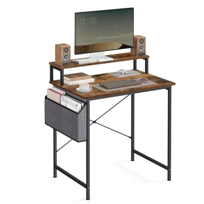 Image of VASAGLE Computer Desk with Monitor Riser, Fabric Pouch, x Bar Reinforcement Bars, Adjustable Legs, 55 80 90.5 cm, Industrial Style, Rustic Brown and Black LWD080B01