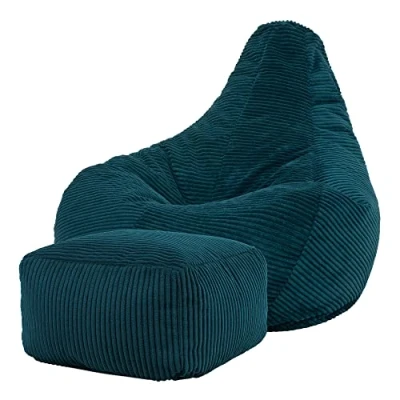Image of icon Dalton Cord Recliner Bean Bag Chair and Footstool, Teal, Large Lounge Gaming Bags for Adult with Filling Included, Jumbo Adults Beanbag, Boho Decor Living Room Furniture