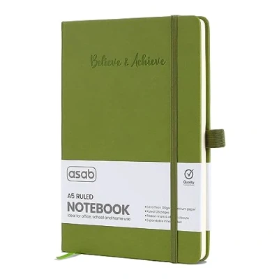Image of ASAB A5 Journal Notebook Lined Vegan Leather Extra Thick 120gsm Premium Paper Work 128 Pages Elastic Banded with 2 Ribbon Notepad Bookmarks Business for Office School (Green)