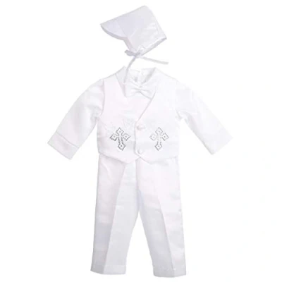 Image of Lito Angels Baby Boys Christening Clothing Baptism Outfits with Bonnet Long Sleeve White Suit Age 12 18 Months