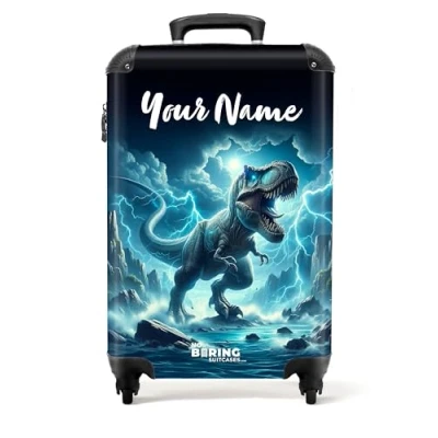 Image of NoBoringSuitcases.com® Children&#039;s Luggage Kids Suitcase for Boys Personalised Lightweight Cabin on Wheels Dinosaur in Blue Shades 55x40x20cm Hard Shell Trolley 20&quot; 10kg