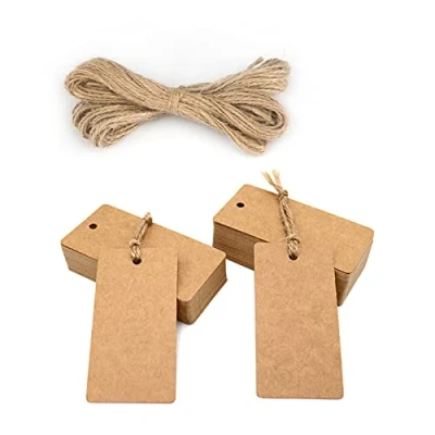 Image of jijAcraft 100PCS Kraft Paper Gift Tags,Brown Tags for Crafts 9X4.5CM Rectangle Blank Hang with 30M Jute Twine
