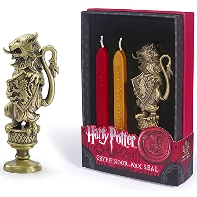 Image of The Noble Collection Harry Potter Gryffindor Wax Seal 6.5in (16.5cm) Die Cast Metal Stamp and Coloured Red Gold Set Officially Licensed Film Movie Props Gifts Stationery