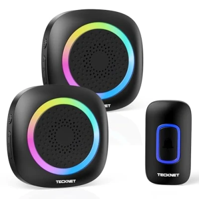 Image of TECKNET Wireless Doorbell with 2 Portable Receiver, RGB Light Door Bell Battery Powered IP66 Waterproof Chime Kit, 1300ft Range, 60 Chimes &amp; 5 Level Volume, Using Time up to 4.5 Years