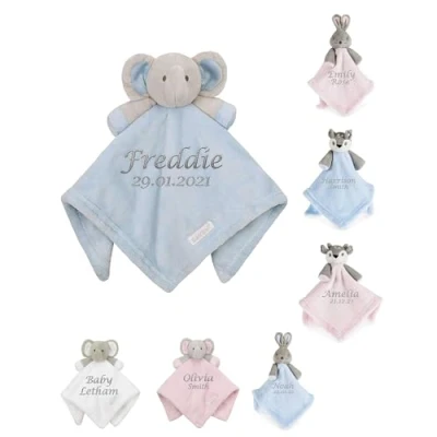 Image of Hoolaroo Personalised Comforter Baby Elephant Teddy Embroidered Toy Gifts for Newborn Boys Presents Security Blanket 0 6 Months Blue