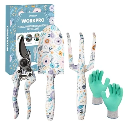 Image of WORKPRO 4 Piece Garden Tools Set, Stainless Steel Hand with Ergonomic Handle, Including Pruner, Trowel, Fork, and Gardening Gloves White