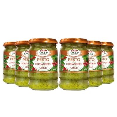 Image of Sacla Italian Pesto Coriander and Chilli Perfect with Pasta, Noodles, Beef Salmon Made Fresh Leaves, Pine Nuts, Cheese 190g (Pack of 6)