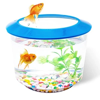 Image of Goldfish Tank Small Fish Tanks and Aquariums Bowl for Complete Set up Kids Starter Kits with Gravel Ornamental Plant (Blue)