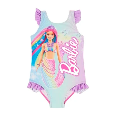 Image of Barbie Girls Swimsuit, One Piece Swimming Costume, Swim Wear, Official Merchandise (UK, Age, 7 Years, 8 Regular, Green/Lilac)