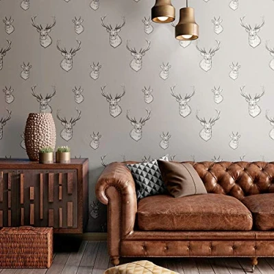 Image of Catherine Lansfield Stag Wallpaper Silver Grey