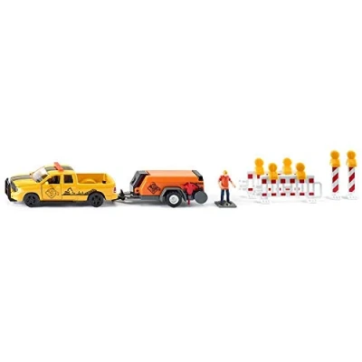 Image of siku 3505, RAM 1500 Pick Up with Compressor Trailer, 1:50, Metal/Plastic, Yellow/Orange, Incl. barriers and toy figure